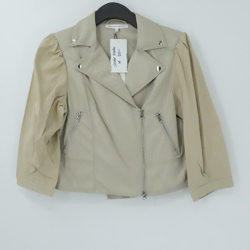 Melissa Nepton Clover Jacket Womens M Khaki Beige‎ Faux Leather Puff Sleeve Moto